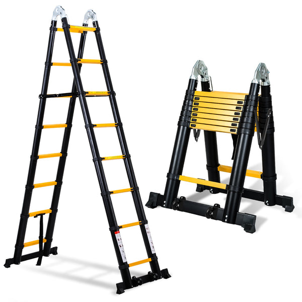 BMOT 5M Alu Teleskopleiter Klappleiter mit Rädern und Dreiecksstabilisator Schwarz