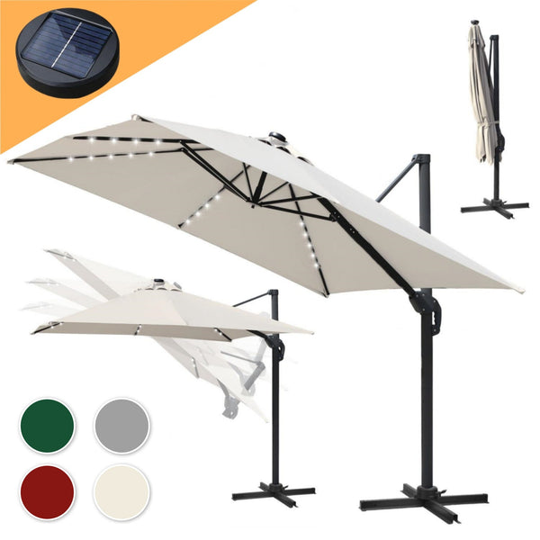 BMOT Ampelschirm 300 x 300 cm Sonnenschirm 360° Drehbar mit Solar-LED