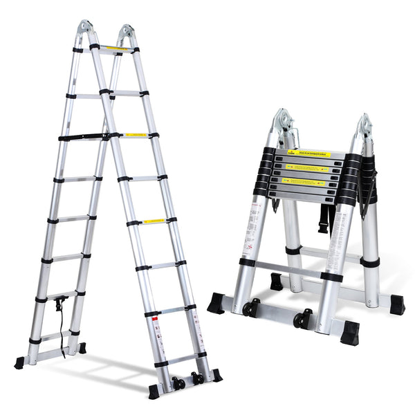 BMOT 5M Alu Teleskopleiter Klappleiter mit Rädern und Dreiecksstabilisator